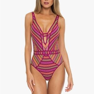 BECCA Pink and Orange Striped One-Piece Swimsuit